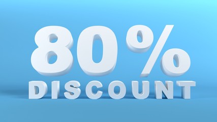 80 Percent Discount in white 3D text on light blue background, 3d render