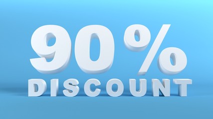90 Percent Discount in white 3D text on light blue background, 3d render