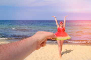 Watermelon as a dress on a girl, humor