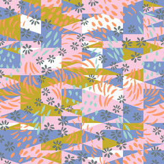 Vector  seamless abstract background with floral and geometric shapes in pastel colors.