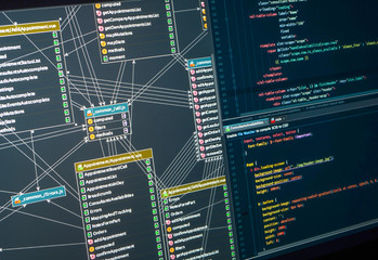 Back-end project architecture development. Database diagram, markup. Integrated Development Environment - obrazy, fototapety, plakaty