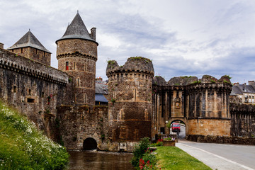 Fototapeta na wymiar Towers and walls of the Castle of Fougeres in Brittany, north-west France.