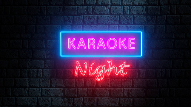 Brick wall at night with neon sign karaoke night. Advertising bright night karaoke bar, party, disco bar, night club, live music show. Live music