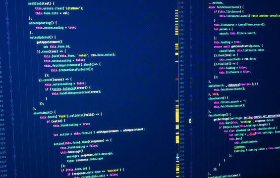 Javascript lines of code for website application. Javascript. Software programming code. Abstract computer script code. Java source code. Script language for software development