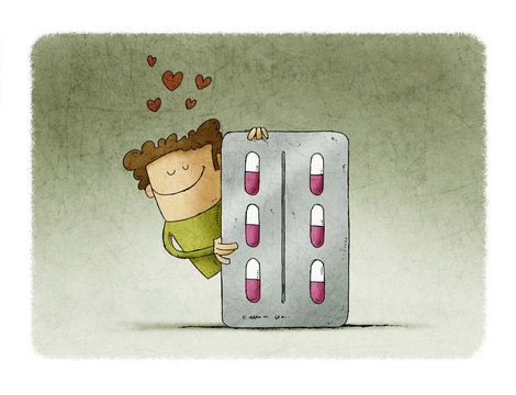man is behind a pill blister with a face in love, hearts come out of his head.