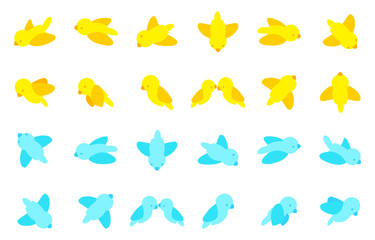 set yellow blue bird cartoon action movement symbol icon for idea web game design