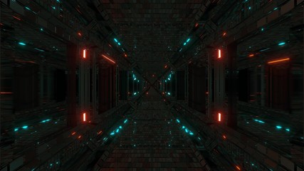 realistic futuristic sci-fi tunnel corridor with glas windows and glowing flying particles 3d illustration wallpaper background