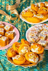 Indian Diwali Sweet Food Chandrakala with Sugar Free Dry Fruits, Mung Dal Chakki And Sweet Samosa