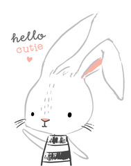 Cute rabbit character. Hand drawn illustration for nursery wall art in scandinavian doodle style. Design for baby, kids poster, nursery wall art, card, invitaton.