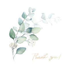 Watercolor floral illustration bouquet - green leaf branch collection, for wedding stationary, greetings, wallpapers, fashion, background. Eucalyptus, olive, green leaves, etc.