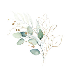 Watercolor floral illustration bouquet - green & gold leaf branches collection, for wedding stationary, greetings, wallpapers, fashion, background. Eucalyptus, olive, green leaves, etc. © Veris Studio