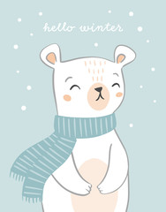 Cute hand drawn polar bear card design with text hello winter. Bear character on snowy background. Holiday Christmas design.