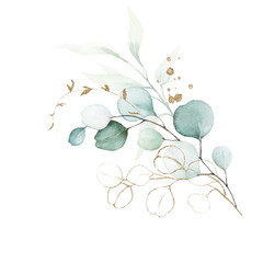Obraz na płótnie Canvas Watercolor floral illustration bouquet - green & gold leaf branches collection, for wedding stationary, greetings, wallpapers, fashion, background. Eucalyptus, olive, green leaves, etc.