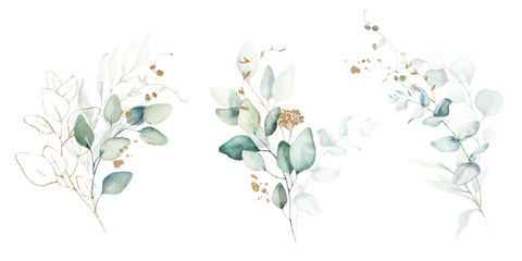 Watercolor floral illustration set - green & gold leaf branches collection, for wedding stationary, greetings, wallpapers, fashion, background. Eucalyptus, olive, green leaves, etc. © Veris Studio