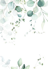 Watercolor floral illustration with green branches & leaves - frame / border, for wedding stationary, greetings, wallpapers, fashion, background. Eucalyptus, olive, green leaves, etc. © Veris Studio