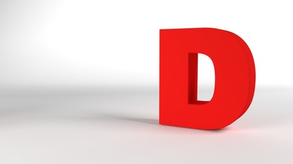 The Letter D in red on a white background 3d render