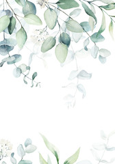 Akwarela ilustracja kwiatowa z zielonymi gałązkami i liśćmi - ramka / obramowanie, na ślub stacjonarny, pozdrowienia, tapety, moda, tło. Eukaliptus, oliwka, zielone liście itp.