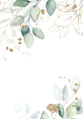 Fototapeta na wymiar Watercolor floral illustration with gold branches - green leaf frame / border, for wedding stationary, greetings, wallpapers, fashion, background. Eucalyptus, olive, green leaves, etc.