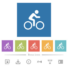 Bicycle with rider flat white icons in square backgrounds