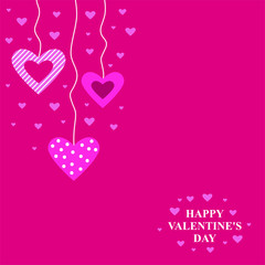 Obraz na płótnie Canvas Vector illustration of Valentines day card with hanging decorative hearts on magenta background