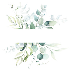 Watercolor floral illustration - leaf frame / border, for wedding stationary, greetings, wallpapers, fashion, background. Eucalyptus, olive, green leaves, etc. © Veris Studio