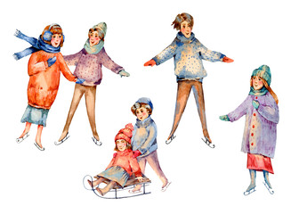 Vintage watercolor set of winter people sledding, ice skating on a rink. Snow outdoor activities, enjoying winter holidays