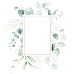 Fototapeta na wymiar Watercolor floral illustration - leaves and branches wreath / frame with gold geometric shape, for wedding stationary, greetings, wallpapers, fashion, background. Eucalyptus, olive, green leaves, etc.