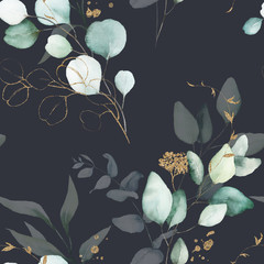 Seamless watercolor floral pattern - green & gold leaves, branches composition on black background, perfect for wrappers, wallpapers, postcards, greeting cards, wedding invitations, romantic events.
