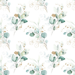 Seamless watercolor floral pattern - green & gold leaves, branches composition on white background, perfect for wrappers, wallpapers, postcards, greeting cards, wedding invitations, romantic events.