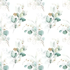 Wall murals Watercolor leaves Seamless watercolor floral pattern - green & gold leaves, branches composition on white background, perfect for wrappers, wallpapers, postcards, greeting cards, wedding invitations, romantic events.