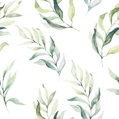 Nahtlose Aquarell Blumenmuster - grüne Blätter und Zweige Komposition auf weißem Hintergrund, perfekt für Wrapper, Tapeten, Postkarten, Grußkarten, Hochzeitseinladungen, romantische Veranstaltungen.