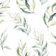 Behang Naadloze aquarel bloemmotief - groene bladeren en takken samenstelling op witte achtergrond, perfect voor wrappers, wallpapers, ansichtkaarten, wenskaarten, huwelijksuitnodigingen, romantische evenementen. © Veris Studio