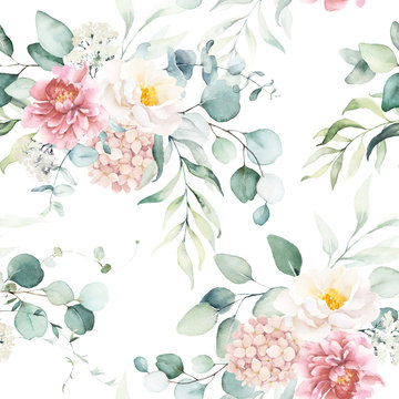 Seamless watercolor floral pattern with pink & peach cream flowers, leaves composition on white background, perfect for wrappers, wallpapers, postcards, greeting cards, wedding invitations, events.