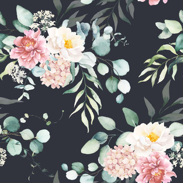 Seamless watercolor floral pattern with pink & peach cream flowers, leaves composition on black background, perfect for wrappers, wallpapers, postcards, greeting cards, wedding invitations, events.