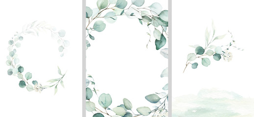 Fototapeta na wymiar Pre made templates collection, frame, wreath - cards with green leaf branches. Wedding ornament concept. Floral poster, invite. Decorative greeting card, invitation design background, birthday party.