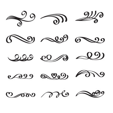 Swirly line curl patterns isolated on white background. Vector flourish vintage embellishments for greeting cards. Collection of filigree frame decoration illustration