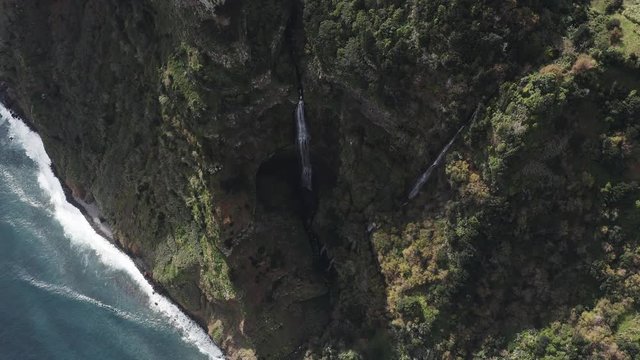 Waterfall drone shot. Aerial tropical scenery of jungle. 