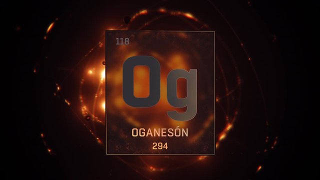 Oganesson as Element 118 of the Periodic Table. Seamlessly looping 3D animation on orange illuminated atom design background with orbiting electrons. Name, atomic weight, element number in Spanish lan