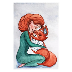 Bright advertising watercolor ginger girl and fox.