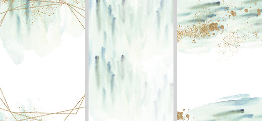 Pre made templates collection, geometric frame - cards with gold, turquoise textures backgrounds. Wedding concept. Floral poster, invite. Greeting card, invitation design background, birthday party.