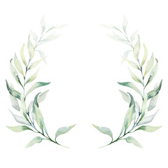 Watercolor floral illustration - green leaves and branches wreath / frame, for wedding stationary, greetings, wallpapers, fashion, background. Eucalyptus, olive, green leaves, etc. © Veris Studio