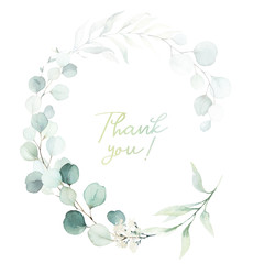 Fototapeta na wymiar Watercolor floral illustration - green leaves and branches wreath / frame, for wedding stationary, greetings, wallpapers, fashion, background. Eucalyptus, olive, green leaves, etc.