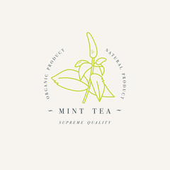 Vector design colorful templat logo or emblem - organic herb mint tea. Logos in trendy linear style isolated on white background.