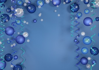 Christmas background with decorations in blue tones. Christmas tree toys, streamers and snowflakes. 3D illustration