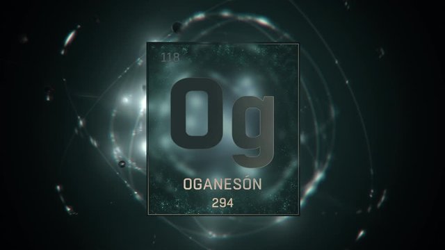 Oganesson as Element 118 of the Periodic Table. Seamlessly looping 3D animation on green illuminated atom design background with orbiting electrons. Name, atomic weight, element number in Spanish lang