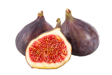 Fresh figs. Whole and sliced in half fruits isolated on white background