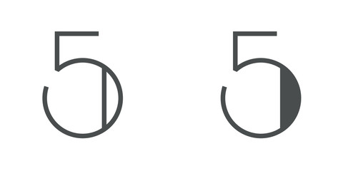 Número 5 del alfabeto en tipografía tipo art deco estilo Broadway. Versión contorno y relleno en color gris