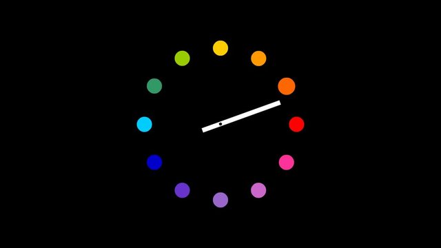 Animated rainbow palette clock illustration with animated second hand and dots