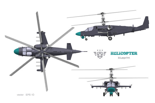 Military helicopter 3d blueprint. Top, side and front views of armed air vehicle. Industrial isolated image. War copter