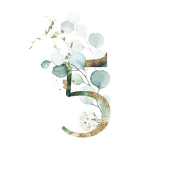 Gold Floral Numbers - digit 5 with gold and green botanic branch leaf bouquet composition. Unique collection for wedding invites decoration & other concept ideas.